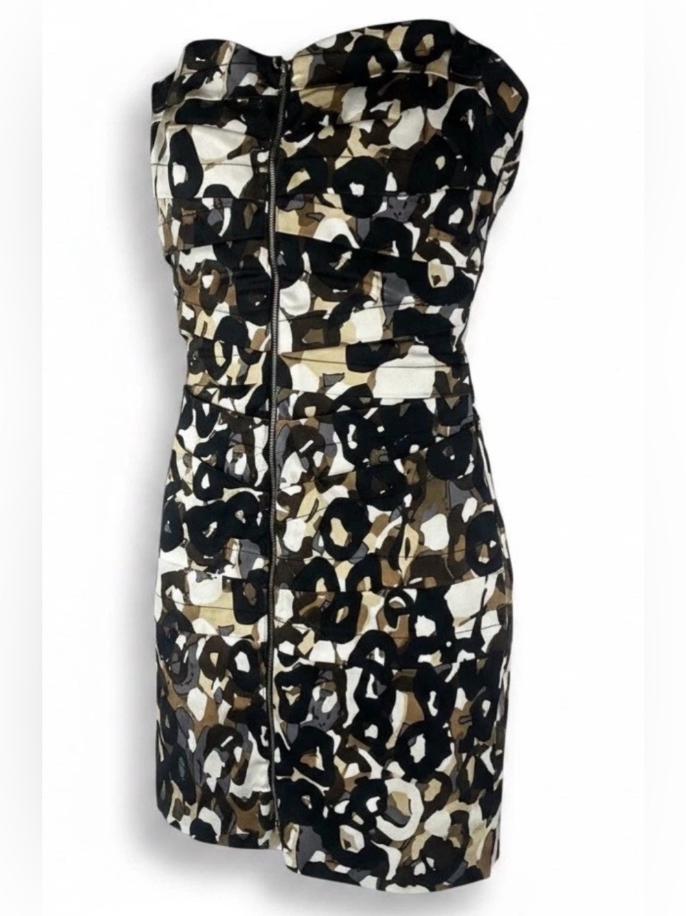 Strapless Abstract Leopard Print Dress in Black, White & Brown